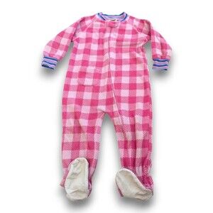 Vintage L.L.Bean Pink Plaid Fleece Bunting One Piece Pajamas Toddler Girls 3T